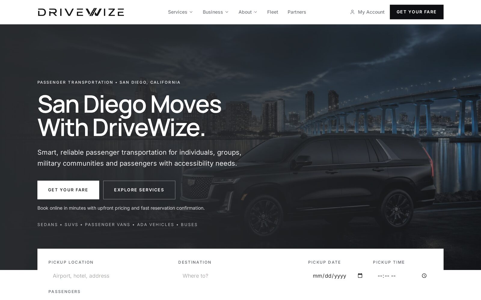 DriveWize Transportation website designed and developed by Montimer Media, shown in a desktop browser