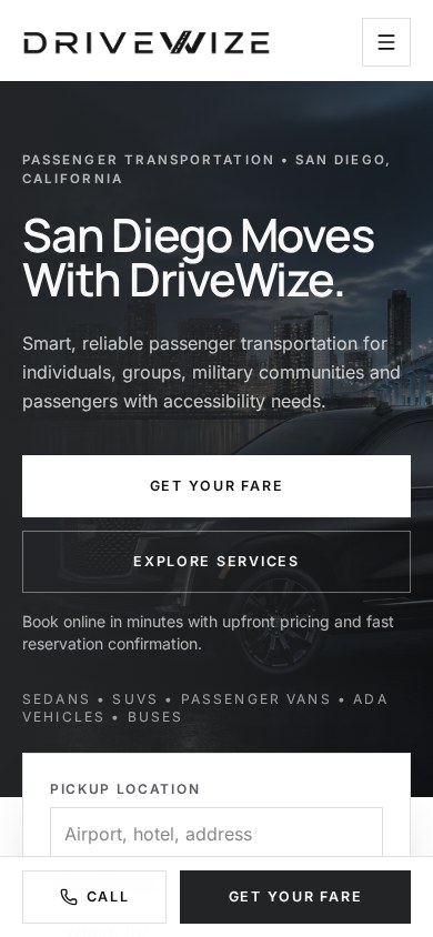DriveWize Transportation homepage on a mobile phone