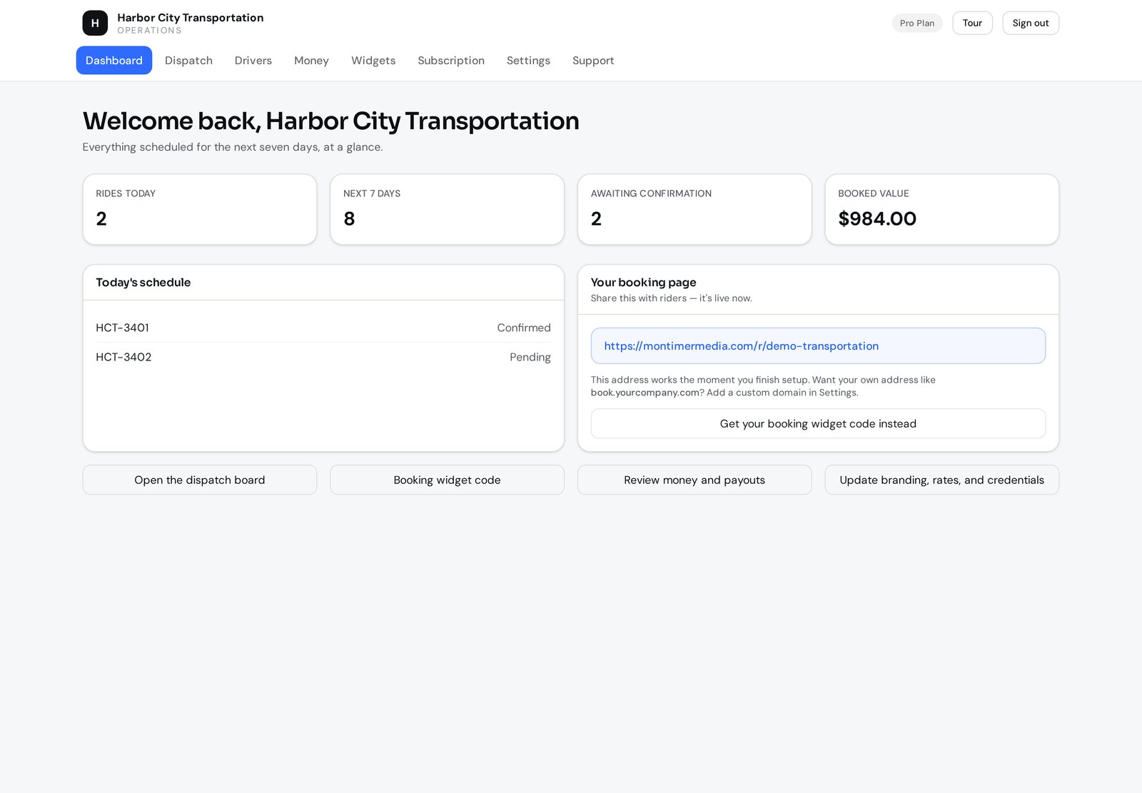 PassengerOps operator console showing today's rides, upcoming reservations, and booked value